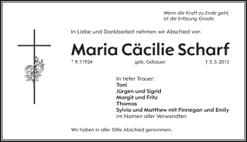 Traueranzeige von Maria Caecilie Scharf von Pegnitz-Zeitung